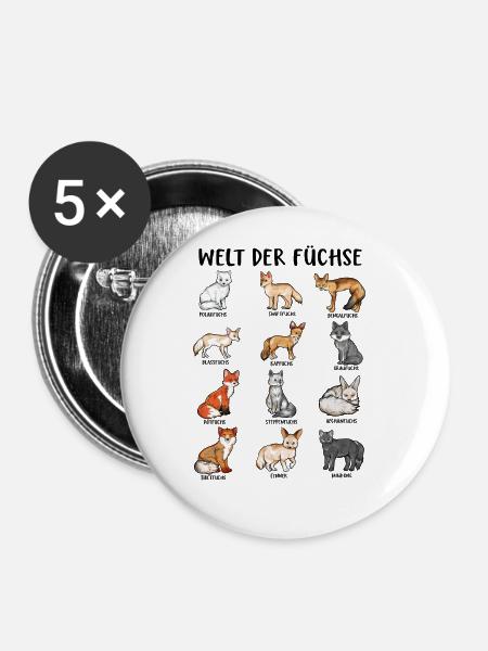 Verschiedene Fuchsarten - Welt der Füchse - Buttons groß 56 mm (5er Pack) - Weiß