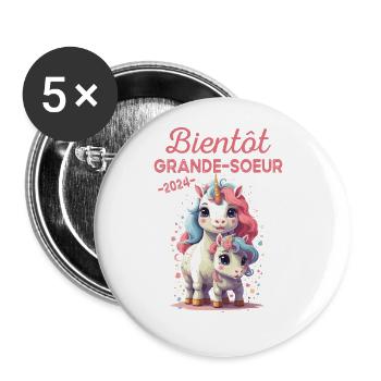 Bientôt Grande Soeur 2024 Cadeau Annonce Grossesse - Lot de 5 grands badges (56 mm) - blanc - Devant
