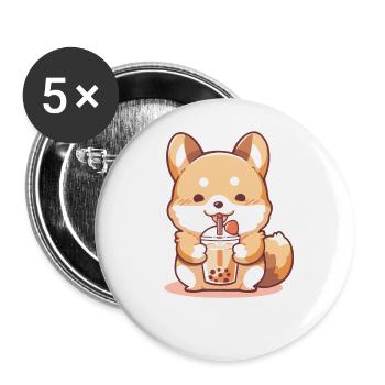 Kawaii Corgi Hund trinkt Boba Bubble Tea Chibi - Buttons groß 56 mm (5er Pack) - Weiß - Vorne