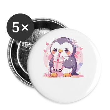 Kawaii Pinguin trinkt Boba Bubble Tea Chibi - Buttons groß 56 mm (5er Pack) - Weiß - Vorne