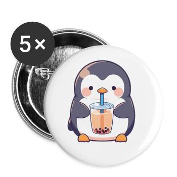 Kawaii Pinguin trinkt Boba Bubble Tea Chibi - Buttons groß 56 mm (5er Pack) - Weiß - Vorne