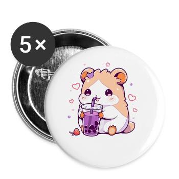 Kawaii Hamster trinkt Boba Bubble Tea Chibi - Buttons groß 56 mm (5er Pack) - Weiß - Vorne