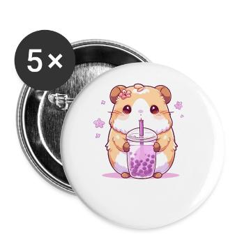 Kawaii Hamster trinkt Boba Bubble Tea Chibi - Buttons groß 56 mm (5er Pack) - Weiß - Vorne