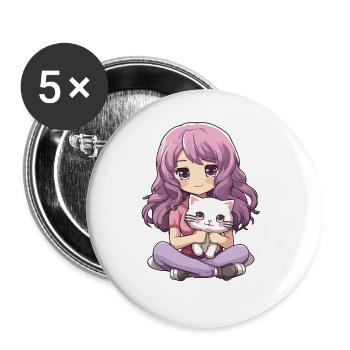 Kawaii Girl Anime Manga Fille et chat - Lot de 5 grands badges (56 mm) - blanc - Devant