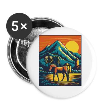 Bunter Pferdehof mit Pferd - Buttons groß 56 mm (5er Pack) - Weiß - Vorne