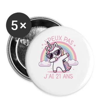 J'Peux Pas J'ai 21 ans Cadeau Anniversaire Licorne - Lot de 5 grands badges (56 mm) - blanc - Devant