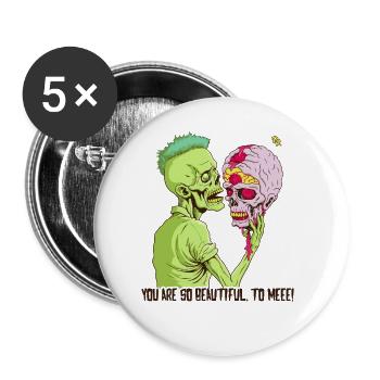 Zombie hält Totenkopf-Gehirn - Buttons groß 56 mm (5er Pack) - Weiß - Vorne