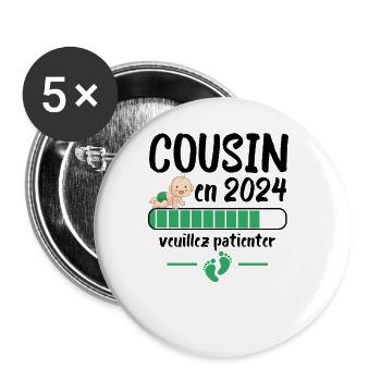 Cadeau Cousin Annonce Grossesse Futur Cousin 2024 - Lot de 5 grands badges (56 mm) - blanc - Devant