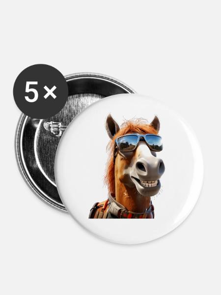 Pferd Pferdemädchen Reiterin Pony Stall Pferde - Buttons groß 56 mm (5er Pack) - Weiß