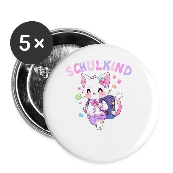 Einschulung Katze Schulanfang Schulkind 2024 - Buttons groß 56 mm (5er Pack) - Weiß - Vorne