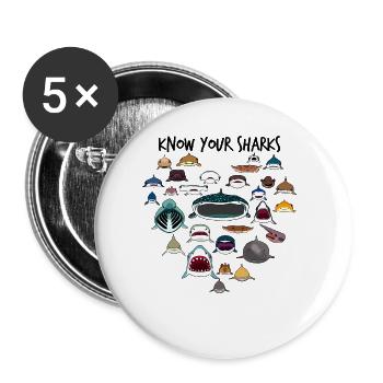 Kennen Sie Ihre Haie lieben Haigesichter Jungen Mä - Buttons groß 56 mm (5er Pack) - Weiß - Vorne