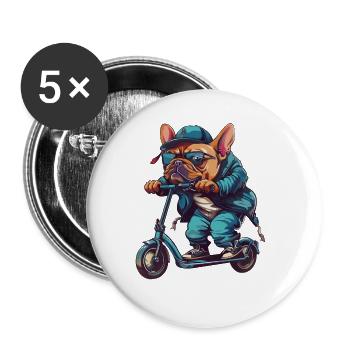 Trottinette bouledogue français - Lot de 5 grands badges (56 mm) - blanc - Devant