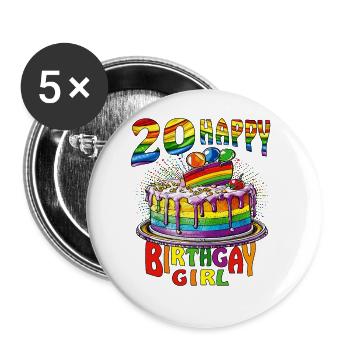 GÂTEAU 20 HAPPY BIRTHGAY FILLE - Lot de 5 grands badges (56 mm) - blanc - Devant