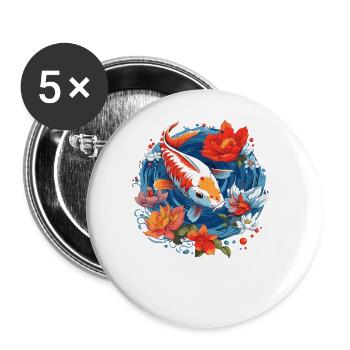 Vintage 80er Retro Japanisch Asiatisch Koi Karpfen - Buttons groß 56 mm (5er Pack) - Weiß - Vorne