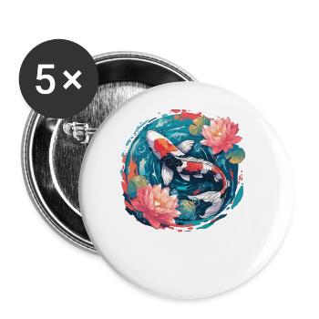 Vintage 80er Retro Japanisch Asiatisch Koi Karpfen - Buttons groß 56 mm (5er Pack) - Weiß - Vorne