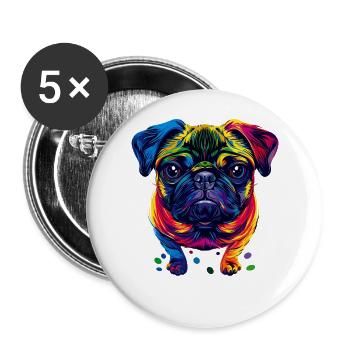 Mops Hund Bunte Farben Pop Art Regenbogen Carlino - Buttons groß 56 mm (5er Pack) - Weiß - Vorne