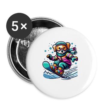 Chien snowboarder mignon - Lot de 5 grands badges (56 mm) - blanc - Devant