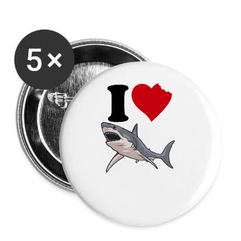 Ich liebe Haie, rotes Herz, lustige Hai-Liebhaber- - Buttons groß 56 mm (5er Pack) - Weiß - Vorne