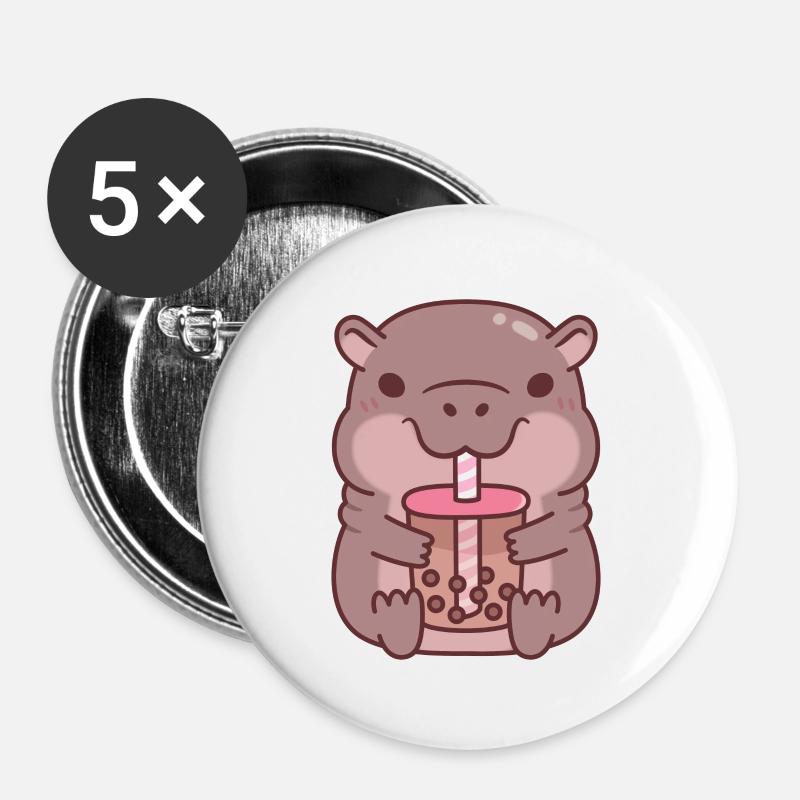 Cute Hippo Drinking Bubble Tea - Buttons large 2.2''/56 mm (5-pack) - white