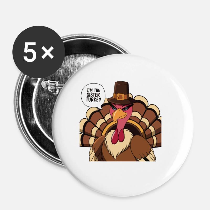 Dinde drôle de Thanksgiving - Lot de 5 grands badges (56 mm) - blanc