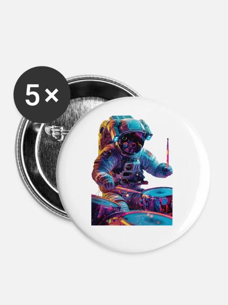 Astronaut Trommeln - Buttons groß 56 mm (5er Pack) - Weiß