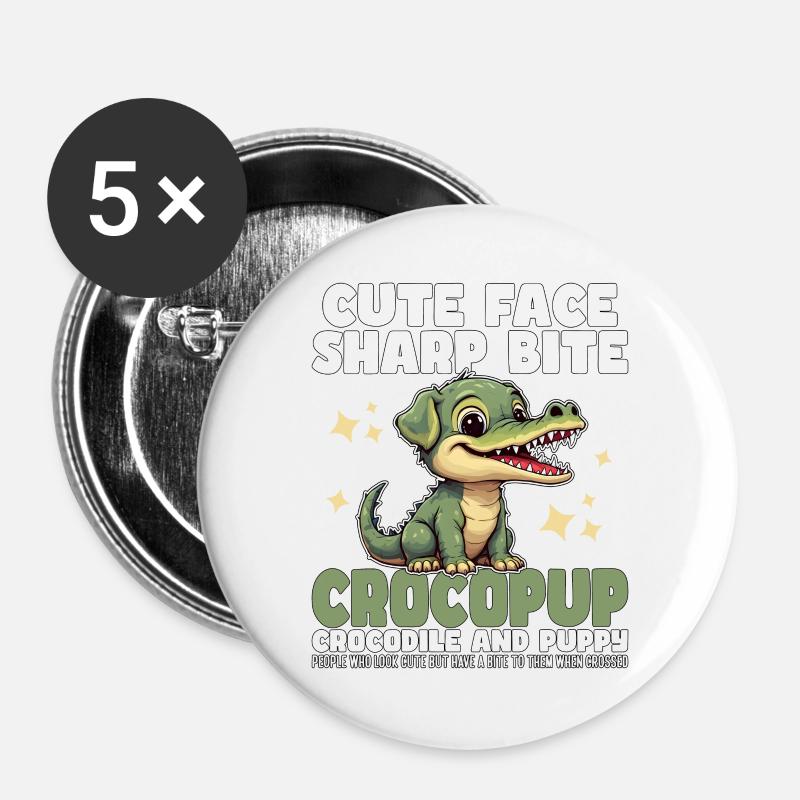 CUTE FACE SHARP BITE - CROCODILE AND PUPPY - Buttons large 2.2''/56 mm (5-pack) - white
