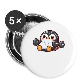 Süßer Pinguin Cartoon Gewichte Heben Fitness - Buttons groß 56 mm (5er Pack) - Weiß - Vorne