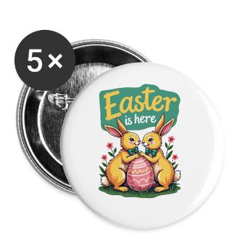 Pâques est là – Doux lapins de Pâques avec œuf de Pâques - Lot de 5 grands badges (56 mm) - blanc - Devant