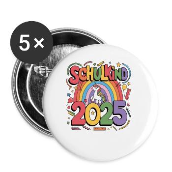 Schulkind 2025 Einschulung Schulanfang - Buttons groß 56 mm (5er Pack) - Weiß - Vorne