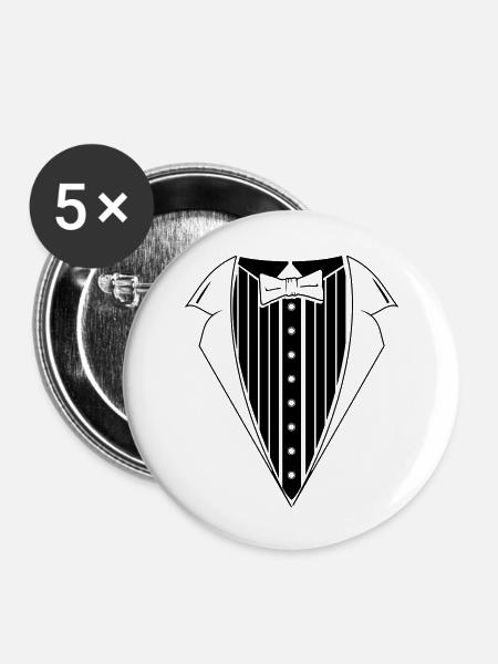 Anzug mit Fliege - Buttons groß 56 mm (5er Pack) - Weiß