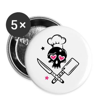 Totenkopf girlie mit Kochmütze und Messern - Buttons groß 56 mm (5er Pack) - Weiß - Vorne