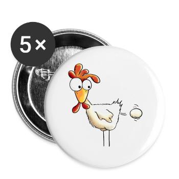 Plopp es ist raus das Ei - Huhn - Hahn - Gockel - Buttons groß 56 mm (5er Pack) - Weiß - Vorne