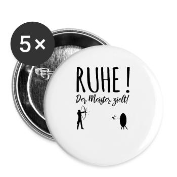 Ruhe! Der Meister zielt! Bogenschießen Bogensport - Buttons groß 56 mm (5er Pack) - Weiß - Vorne