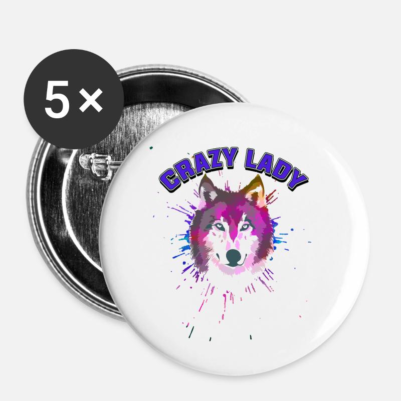 Wolf crazy lady - Buttons large 2.2''/56 mm (5-pack) - white