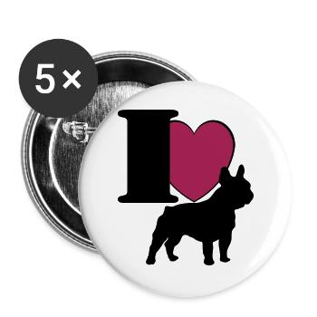 Bouledogue français j'adore ... / + - Lot de 5 grands badges (56 mm) - blanc - Devant