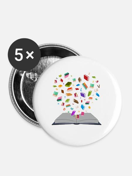 Flying Books - fliegende Bücher - Herzform - Buttons groß 56 mm (5er Pack) - Weiß