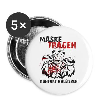 Maske Tragen! Kontakt Halbieren! Coronavirus 2020 - Buttons groß 56 mm (5er Pack) - Weiß - Vorne