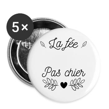 La fée pas chier, humour jeux de mots - Lot de 5 grands badges (56 mm) - blanc - Devant