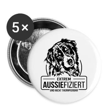 AUSSIEFIZIERT Australian Shepherd Hunde Wilsigns - Buttons groß 56 mm (5er Pack) - Weiß - Vorne