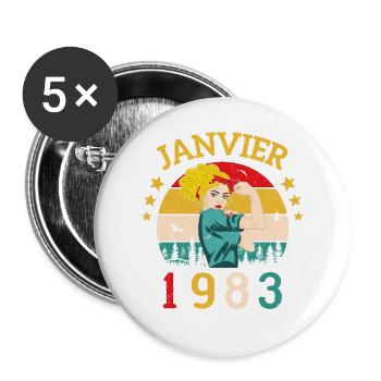 Anniversaire Cadeau Rétro Janvier 1983 Millésime - Lot de 5 grands badges (56 mm) - blanc - Devant