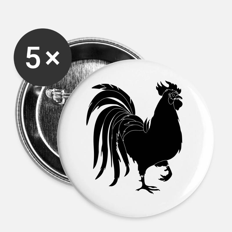 Schwarzer Hahn - Buttons groß 56 mm (5er Pack) - Weiß