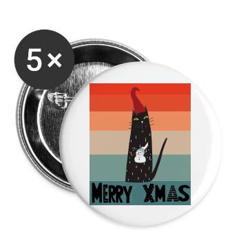 Merry Xmas Katze mit Schneemann + Xmas Mütze Meow - Buttons groß 56 mm (5er Pack) - Weiß - Vorne