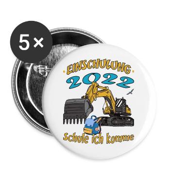 Einschulung 2022 Bagger Schule ich komme - Buttons groß 56 mm (5er Pack) - Weiß - Vorne