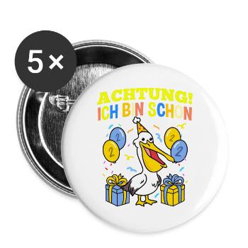 Achtung Ich Bin Schon 2 Geburtstag Pelikan - Buttons groß 56 mm (5er Pack) - Weiß - Vorne
