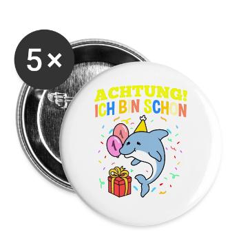 Achtung Ich Bin Schon 1 Tier Geburtstag Delfin - Buttons groß 56 mm (5er Pack) - Weiß - Vorne