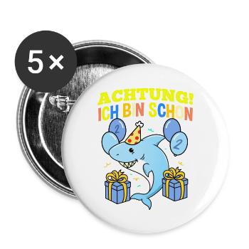 Achtung Ich Bin Schon 2 Geburtstag Hai - Buttons groß 56 mm (5er Pack) - Weiß - Vorne
