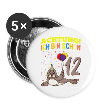 Achtung Ich Bin Schon 12 Tier Geburtstag Seehund - Buttons groß 56 mm (5er Pack) - Weiß - Vorne