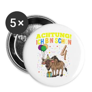 Achtung Ich Bin Schon 4 Tier Geburtstag Gnu - Buttons groß 56 mm (5er Pack) - Weiß - Vorne