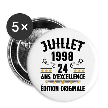 24 Ans Anniversaire Vintage Né(e) en Juillet 1998 - Lot de 5 grands badges (56 mm) - blanc - Devant