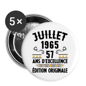 57 Ans Anniversaire Vintage Né(e) en Juillet 1965 - Lot de 5 grands badges (56 mm) - blanc - Devant